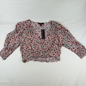 Banana Republic Blouse‎ Womens 14 Gray Red Floral Crop Top Puff Sleeve Smocked